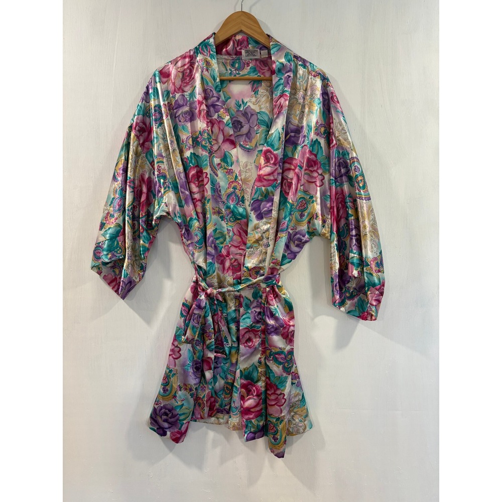 Vintage Adonna Woman Floral Satin Robe Pink Purple Paisley Kimono 2X USA - Picture 14 of 16